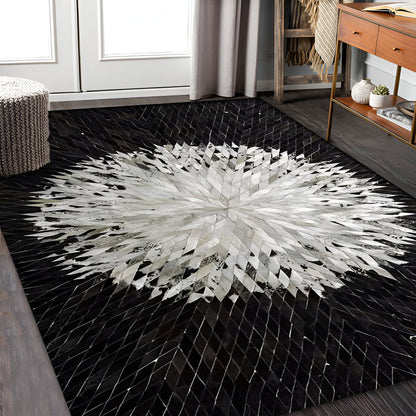 Black and White Geometric Pattern Cowhide Area Rug, 100% Genuine Leather Rug