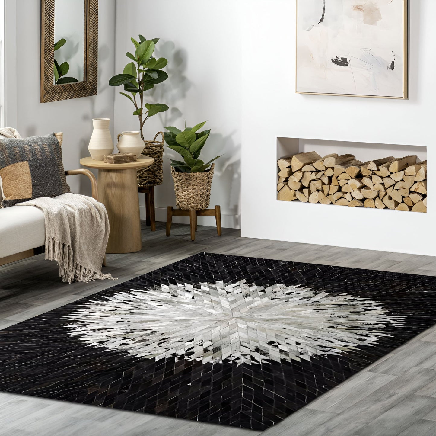 Black and White Geometric Pattern Cowhide Area Rug, 100% Genuine Leather Rug