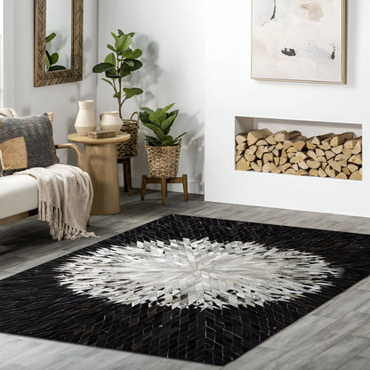 Black and White Geometric Pattern Cowhide Area Rug, 100% Genuine Leather Rug