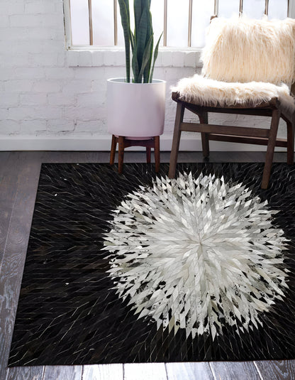 Black and White Geometric Pattern Cowhide Area Rug, 100% Genuine Leather Rug