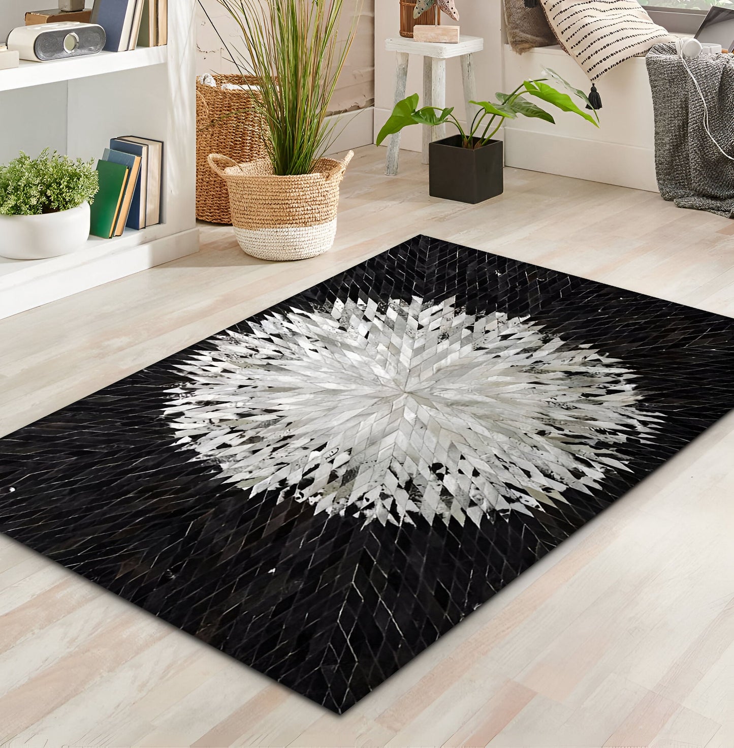 Black and White Geometric Pattern Cowhide Area Rug, 100% Genuine Leather Rug