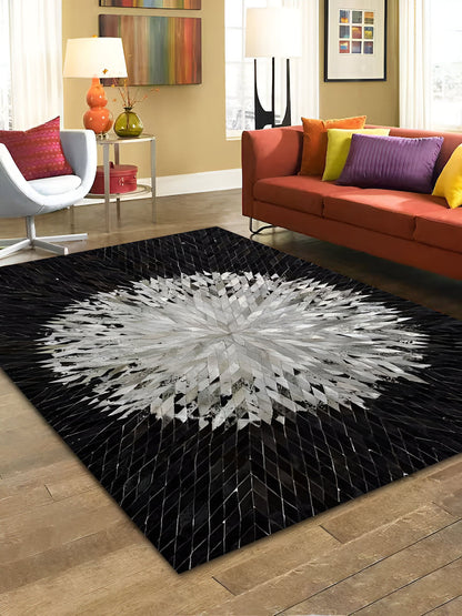 Black and White Geometric Pattern Cowhide Area Rug, 100% Genuine Leather Rug