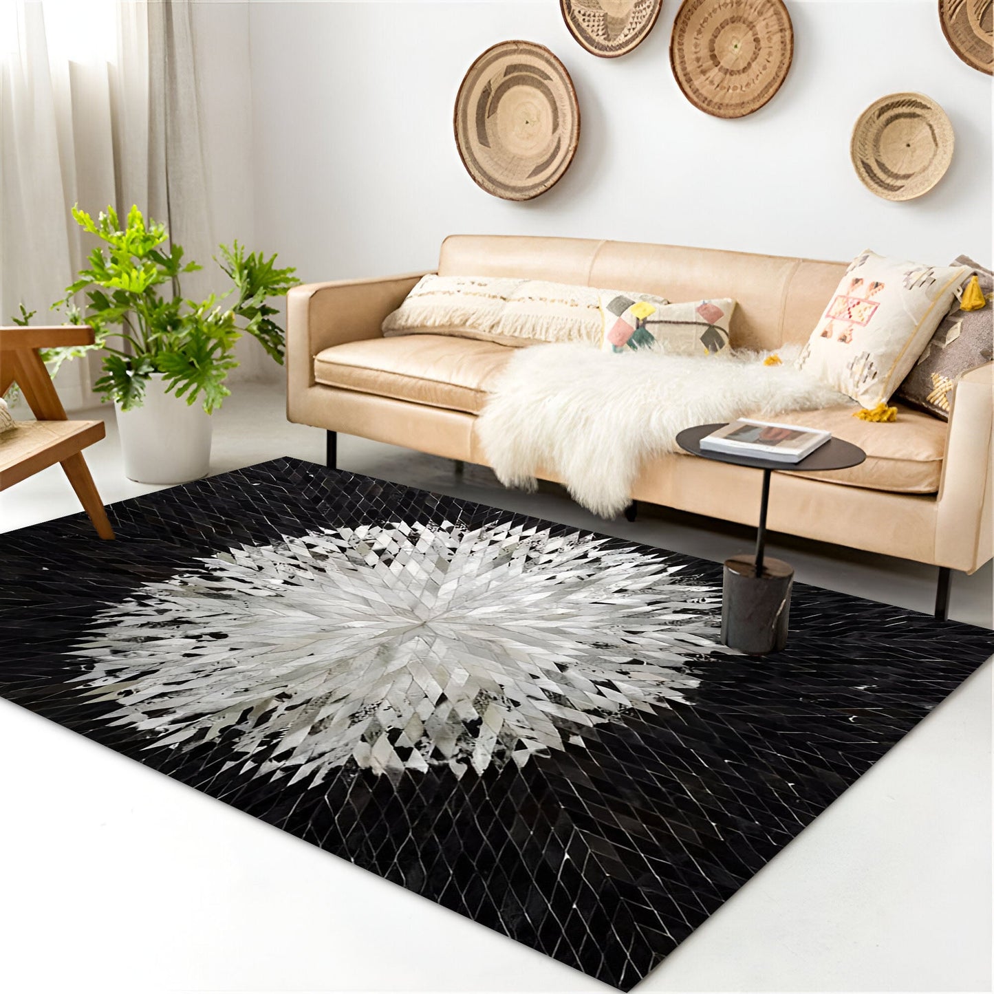 Black and White Geometric Pattern Cowhide Area Rug, 100% Genuine Leather Rug