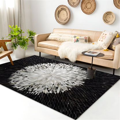 Black and White Geometric Pattern Cowhide Area Rug, 100% Genuine Leather Rug