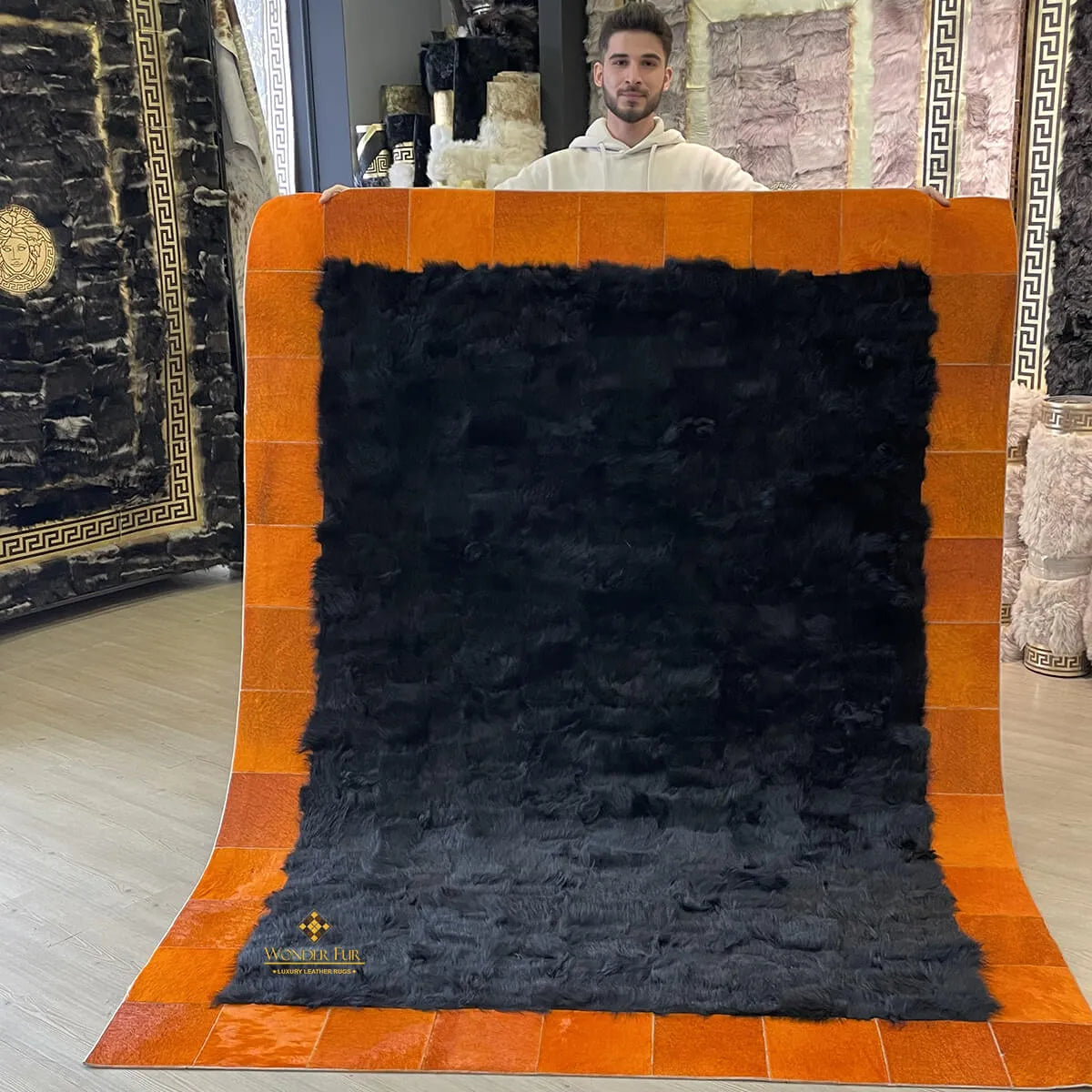 Black Sheepskin with Orange Cowhide Sides Area Rug
