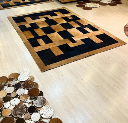 Brown And Black Handmade Real Cowhide 4x4 Area Rug , Non Slip Carpet