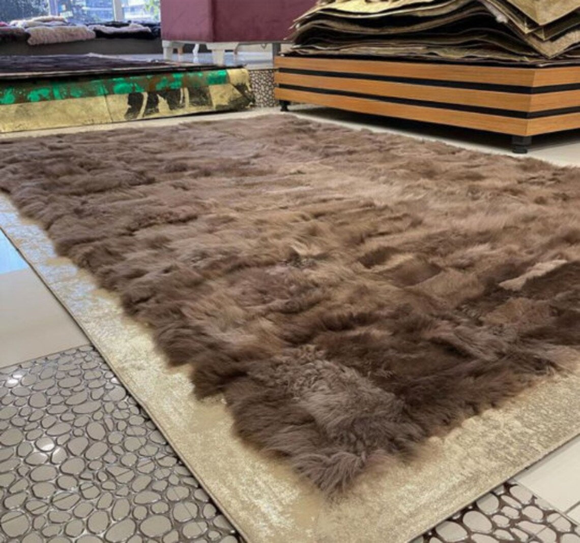 Brown And Gold Natural Sheepskin Area Large Living Room Handmade Rug