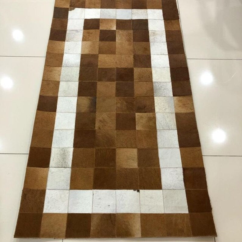Brown And White Handmade Genuine Cowhide Bedroom Rug , Home Decor Rug