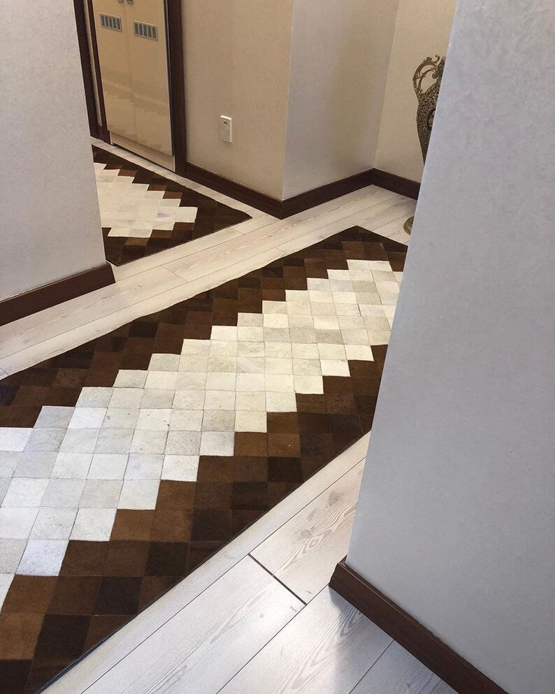 Brown Cream High Quality Natural Leather Runner Rug, Handmade Cowhide Rug