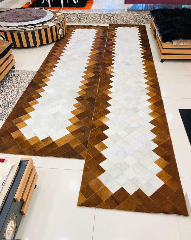Brown Cream High Quality Natural Leather Runner Rug, Handmade Cowhide Rug