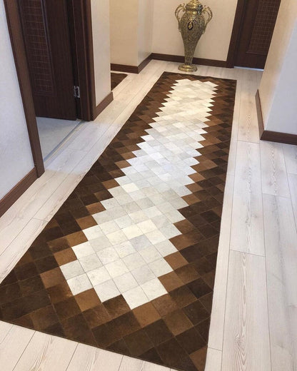 Brown Cream High Quality Natural Leather Runner Rug, Handmade Cowhide Rug