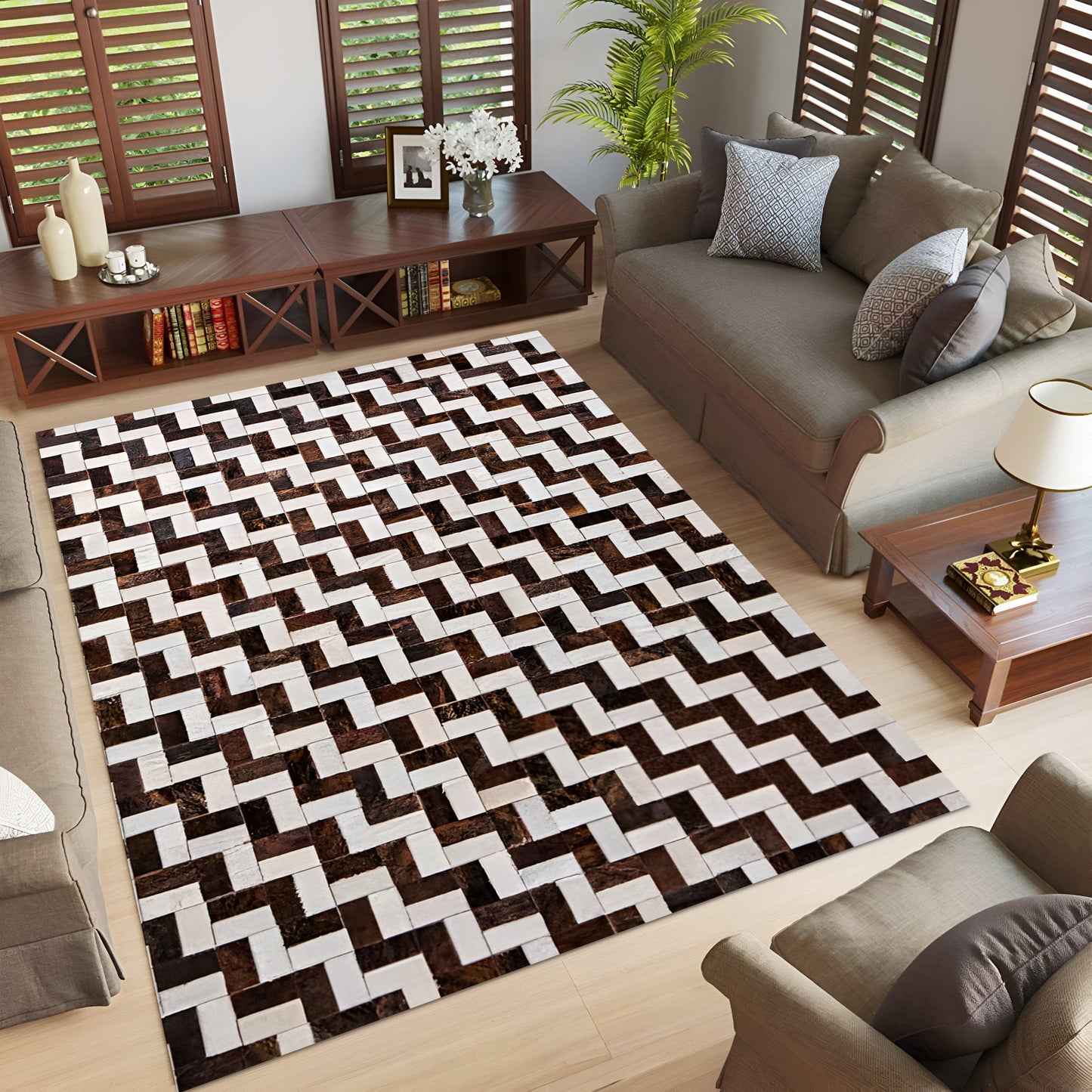 Brown and White Cowhide Area Rug, High Quality Natural Leather Handmade Rug