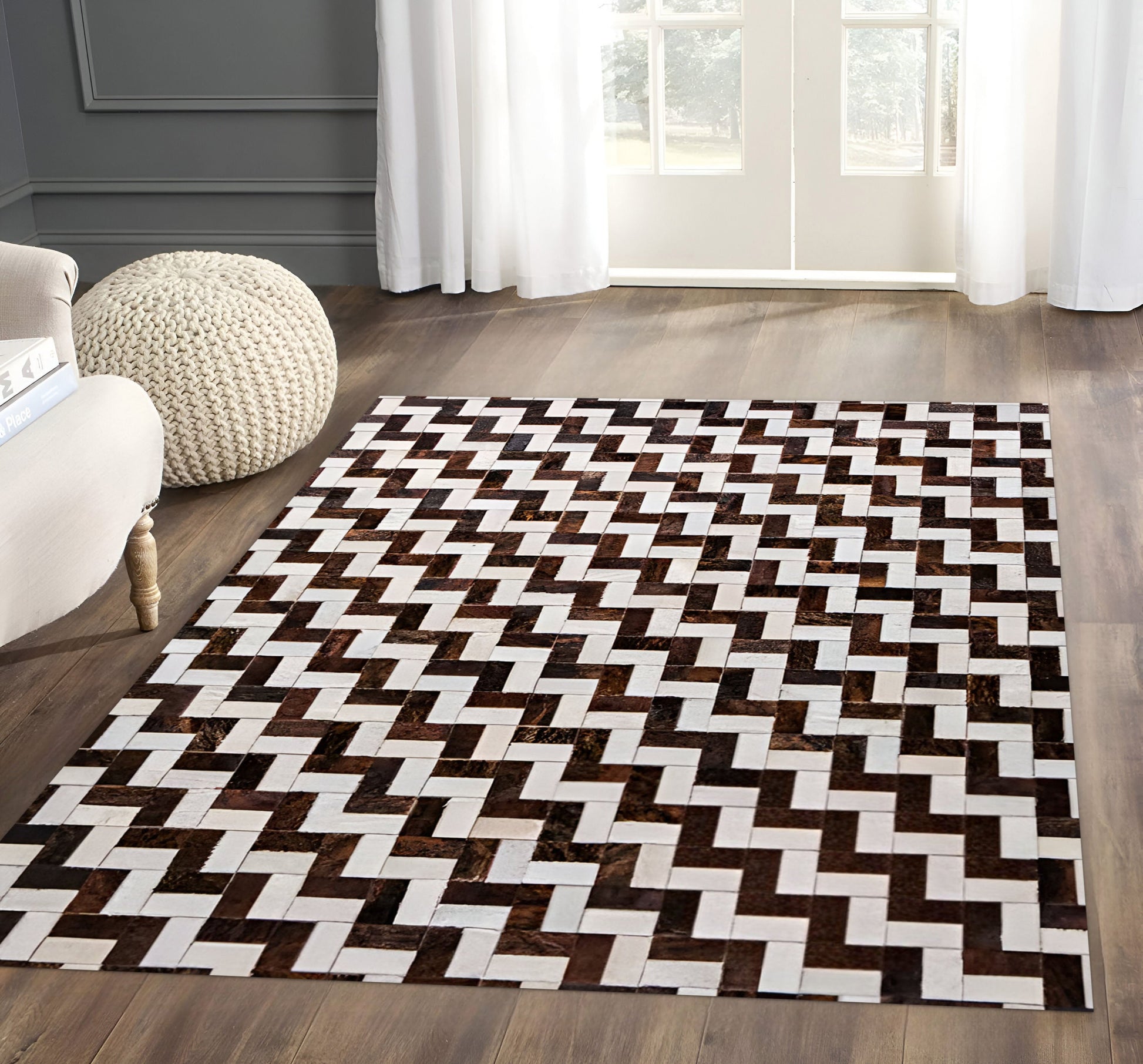 Brown and White Cowhide Area Rug, High Quality Natural Leather Handmade Rug