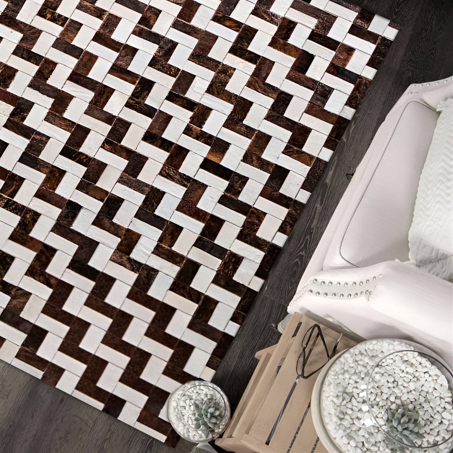 Brown and White Cowhide Area Rug, High Quality Natural Leather Handmade Rug