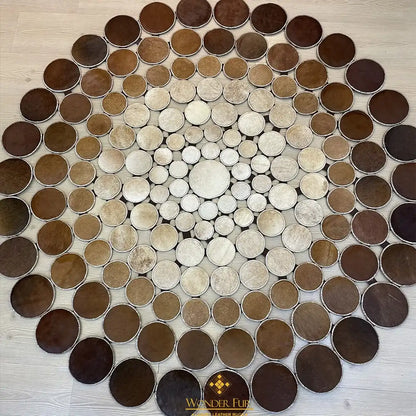 Cowhide Round Area Rug, Tricolor Cowhide Rug, Patchwork Rug Handmade Carpet