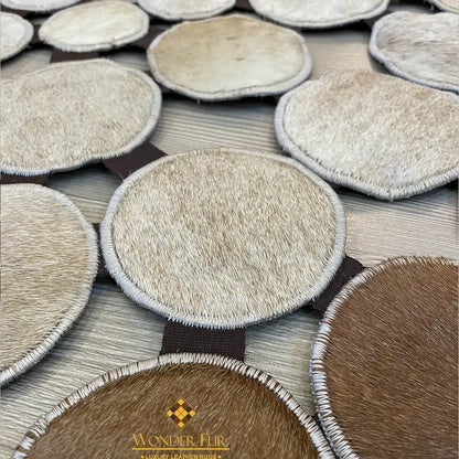 Cowhide Round Area Rug, Tricolor Cowhide Rug, Patchwork Rug Handmade Carpet