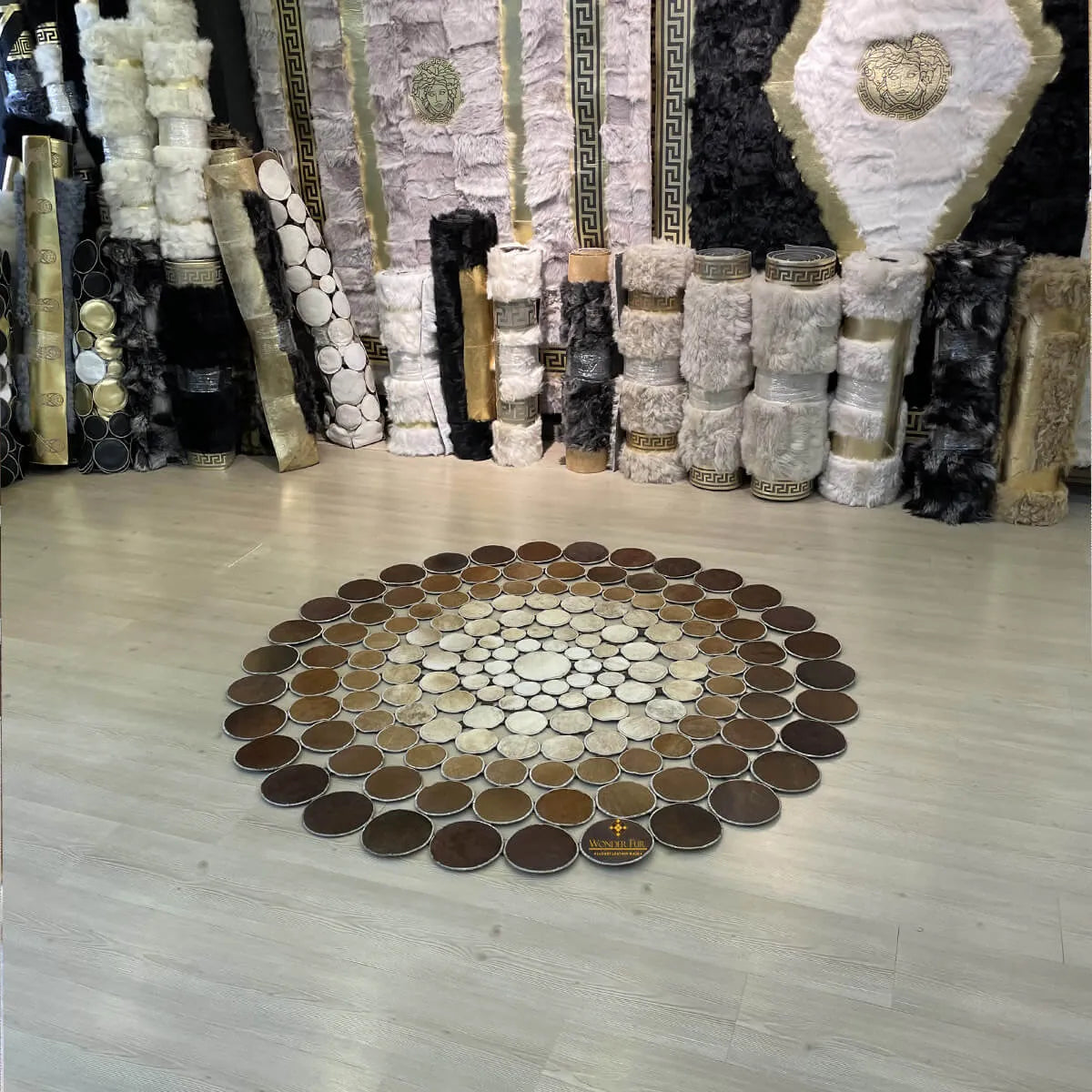 Cowhide Round Area Rug, Tricolor Cowhide Rug, Patchwork Rug Handmade Carpet