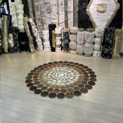 Cowhide Round Area Rug, Tricolor Cowhide Rug, Patchwork Rug Handmade Carpet