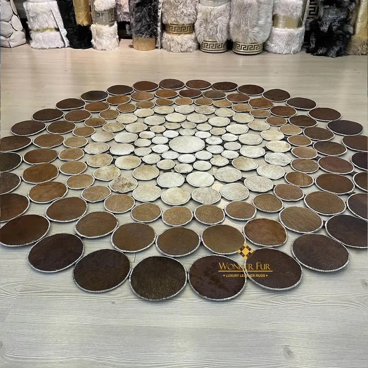 Cowhide Round Area Rug, Tricolor Cowhide Rug, Patchwork Rug Handmade Carpet