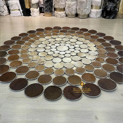 Cowhide Round Area Rug, Tricolor Cowhide Rug, Patchwork Rug Handmade Carpet