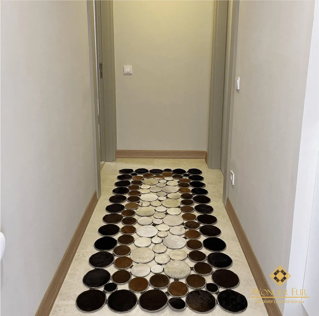 Brown and Cream Cowhide Runner Rug, Natural Cow Skin Runner Carpet, Patchwork Rug for Decoration