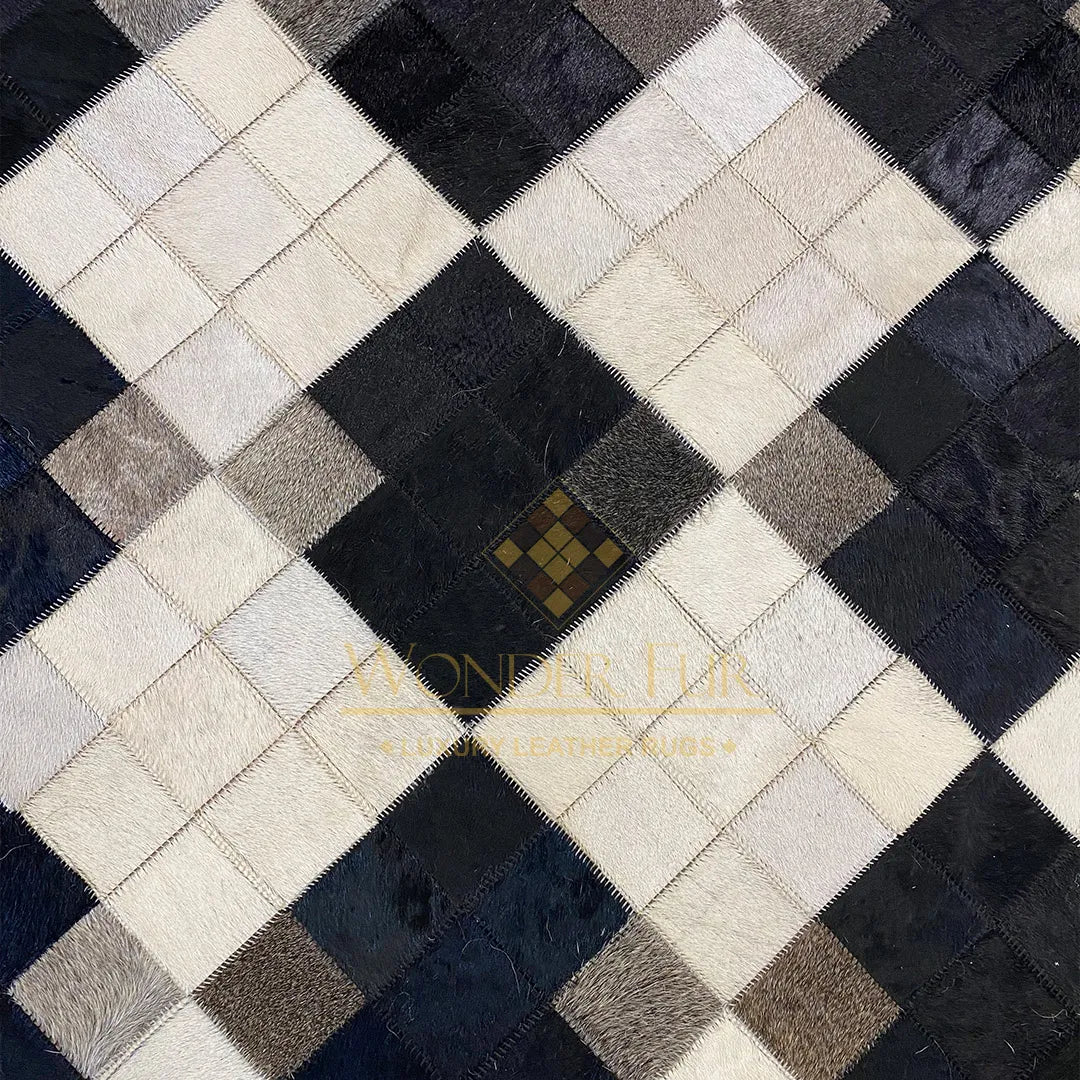 Cream and Black Pattern Natural Handmade Cowhide Patchwork Rug for Living Room