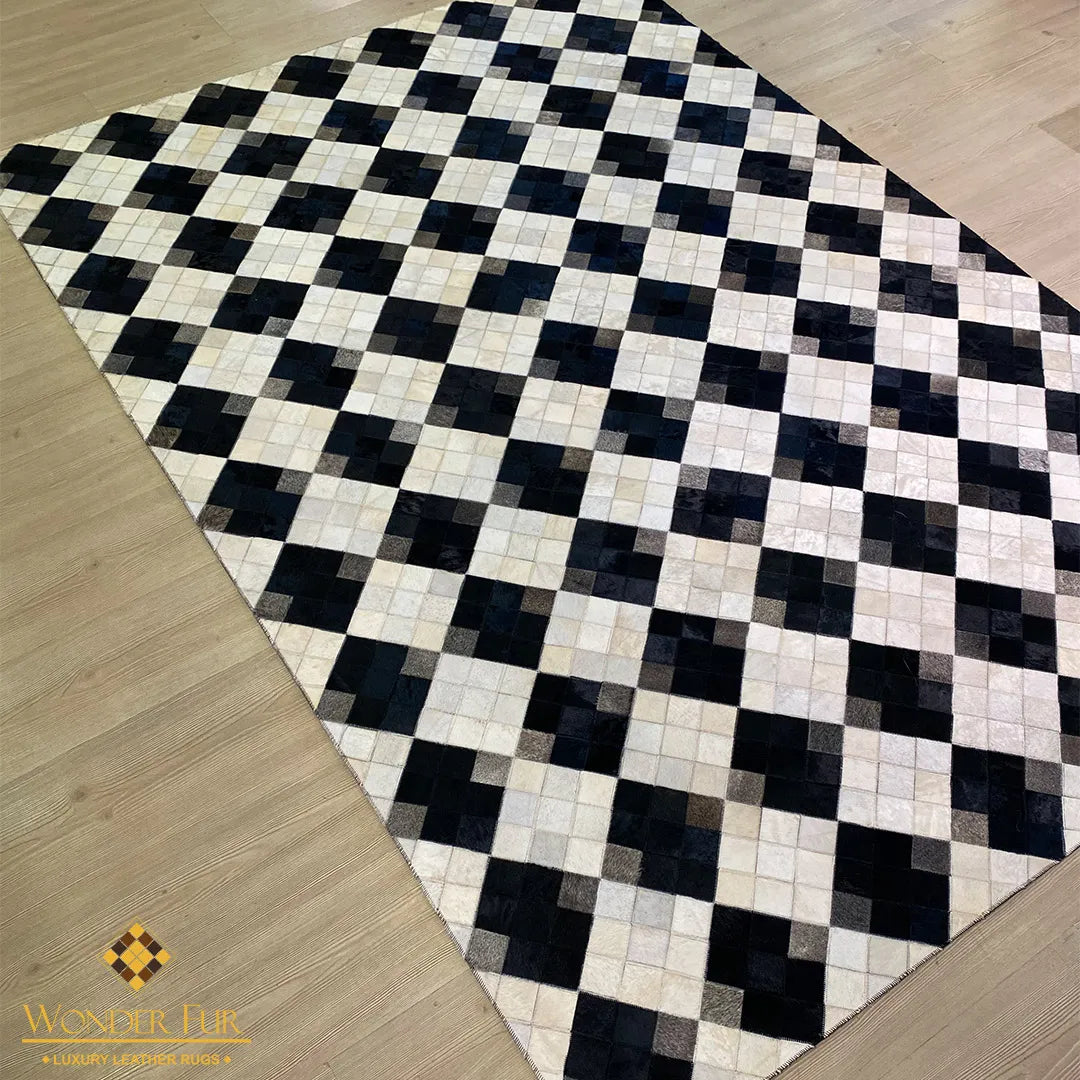 Cream and Black Pattern Natural Handmade Cowhide Patchwork Rug for Living Room