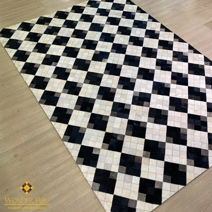 Cream and Black Pattern Natural Handmade Cowhide Patchwork Rug for Living Room