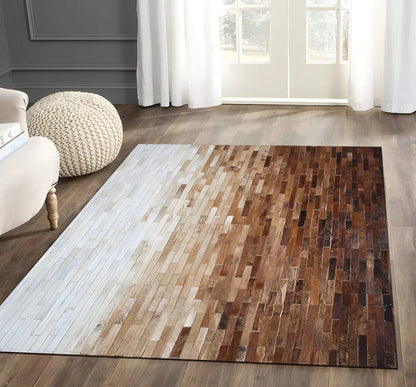 Brown and Cream Natural Cowhide Patchwork Rug, Modern Handmade Area Rug