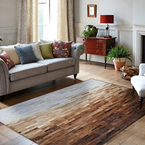 Brown and Cream Natural Cowhide Patchwork Rug, Modern Handmade Area Rug