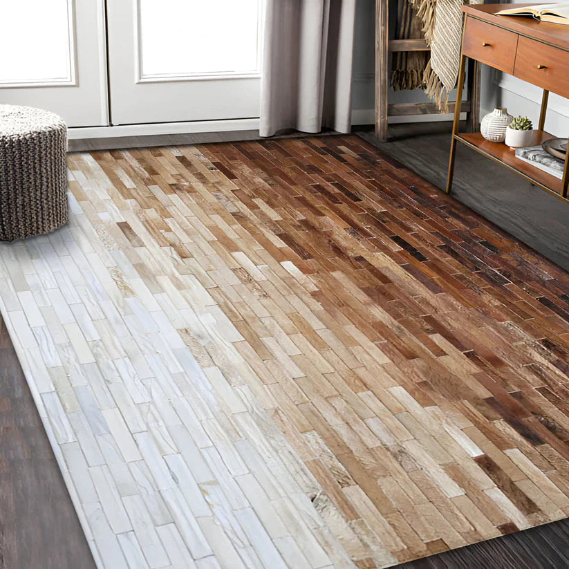 Brown and Cream Natural Cowhide Patchwork Rug, Modern Handmade Area Rug