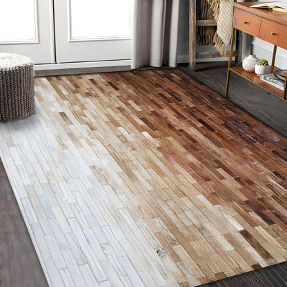 Brown and Cream Natural Cowhide Patchwork Rug, Modern Handmade Area Rug