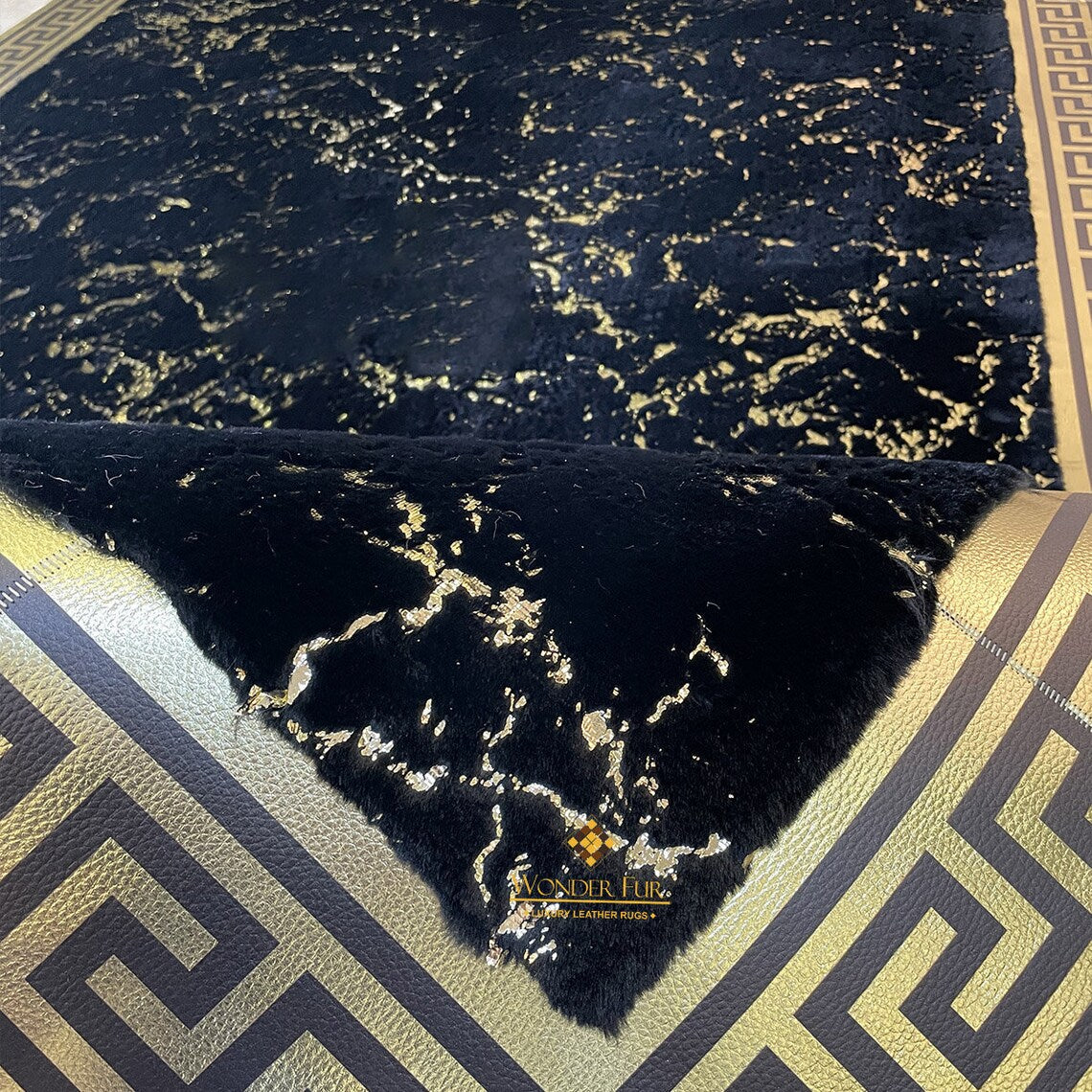 Customizable Plush Elegant Black And Gold Faux Fur 6x8 Living Room Rug