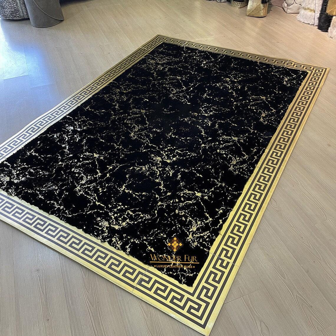 Customizable Plush Elegant Black And Gold Faux Fur 6x8 Living Room Rug