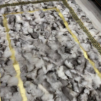 Decorative Soft White Black And Gold Real Fox Fur 6x8 Living Room Rug