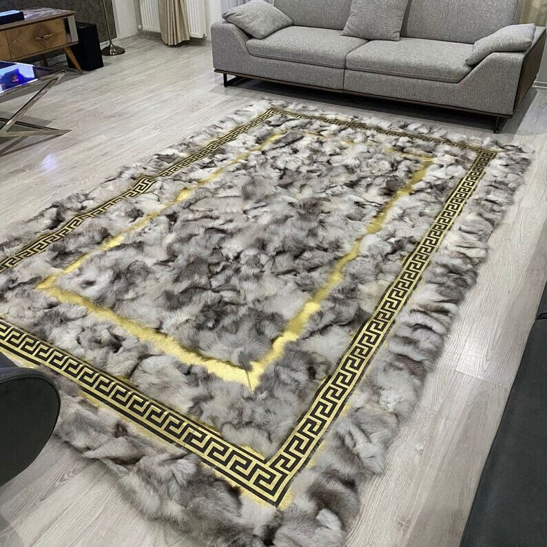 Decorative Soft White Black And Gold Real Fox Fur 6x8 Living Room Rug