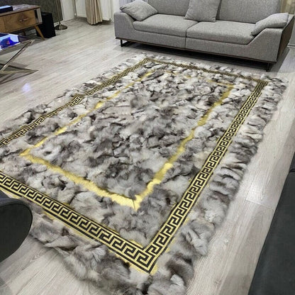 Decorative Soft White Black And Gold Real Fox Fur 6x8 Living Room Rug
