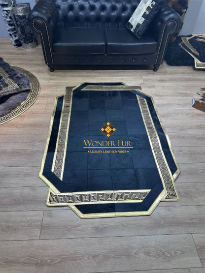 Elegant Black Gold Cowhide Rug, Unique Design Handmade Natural Cow Skin Carpet, Decor Area Rug