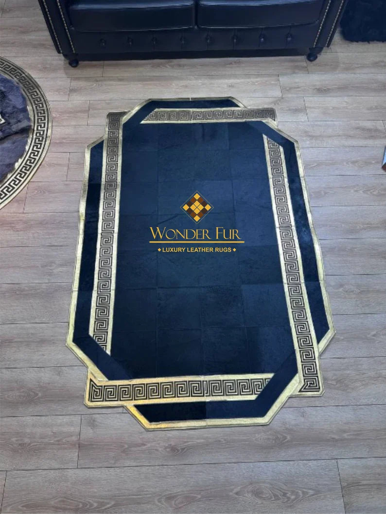 Elegant Black Gold Cowhide Rug, Unique Design Handmade Natural Cow Skin Carpet, Decor Area Rug