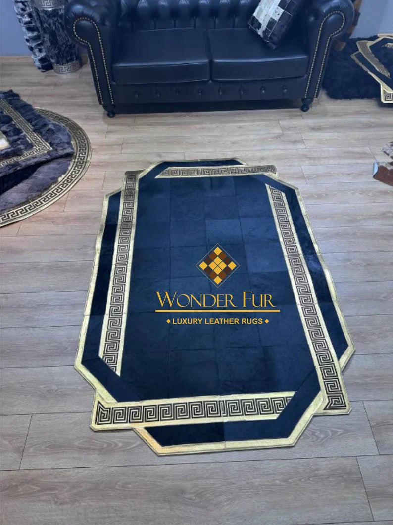 Elegant Black Gold Cowhide Rug, Unique Design Handmade Natural Cow Skin Carpet, Decor Area Rug