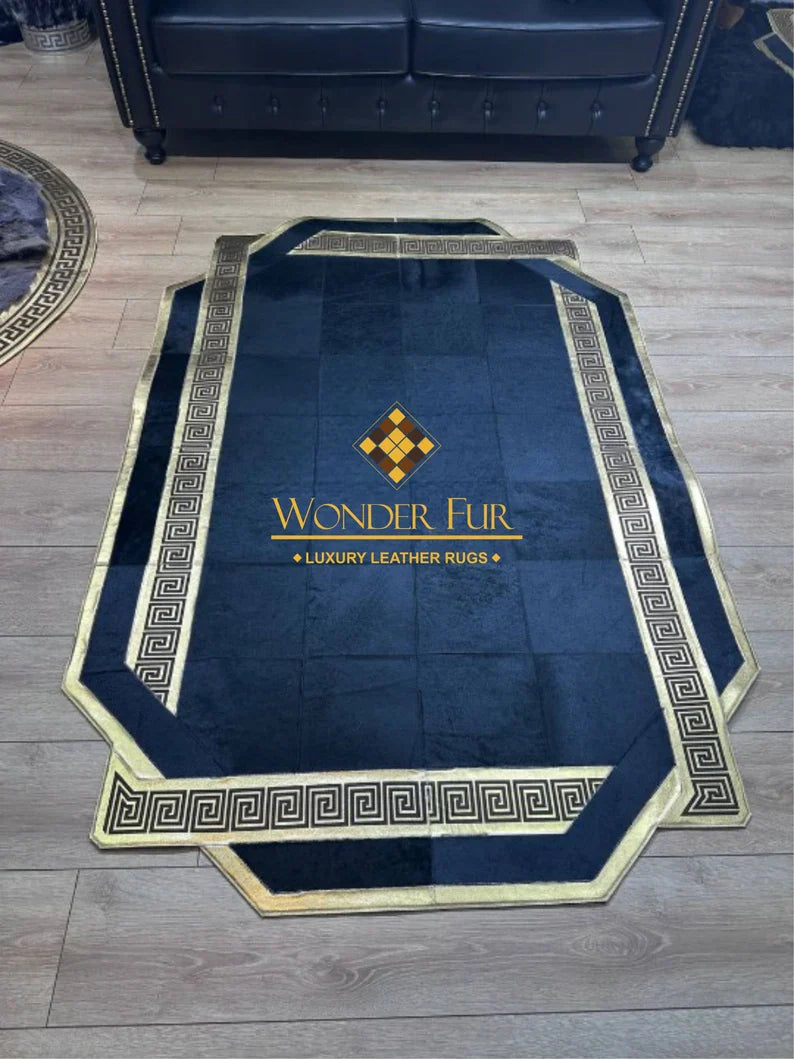 Elegant Black Gold Cowhide Rug, Unique Design Handmade Natural Cow Skin Carpet, Decor Area Rug
