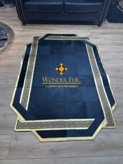 Elegant Black Gold Cowhide Rug, Unique Design Handmade Natural Cow Skin Carpet, Decor Area Rug