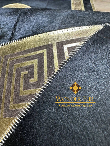 Elegant Black Gold Cowhide Rug, Unique Design Handmade Natural Cow Skin Carpet, Decor Area Rug