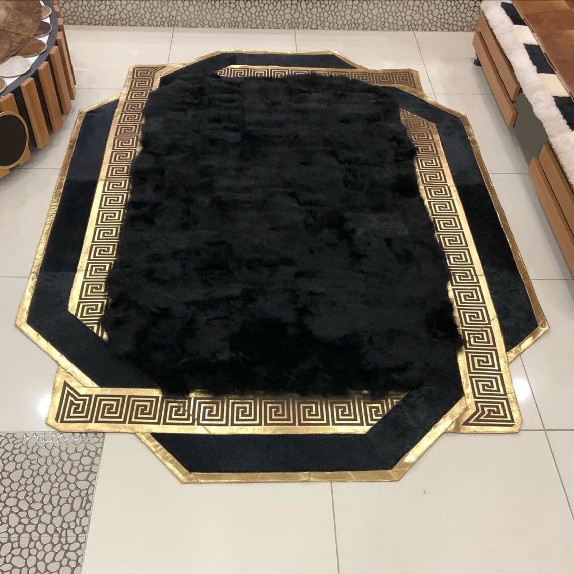 Elegant Black Handmade Natural Sheepskin Area Rug,Wool Living Room Rug