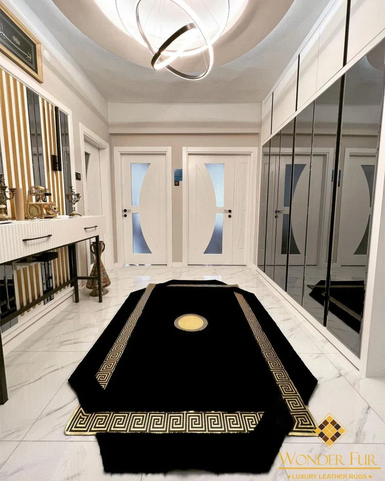 Elegant Home Decor Black And Gold Faux Fur Corridor Rug , Plush Carpet