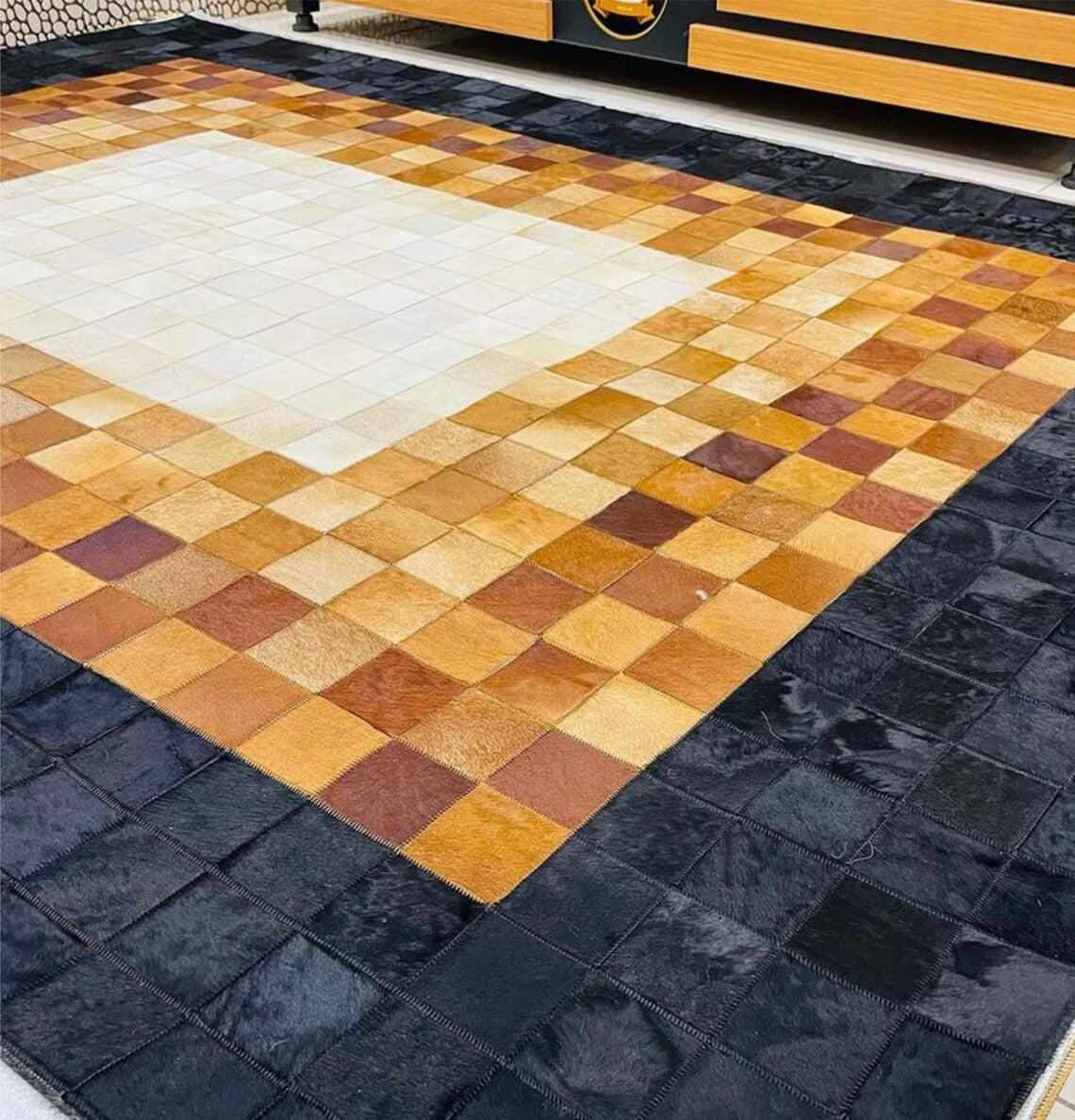 Elegant Modern Tricolor Real Cowhide Living Room Rug , Handmade Carpet