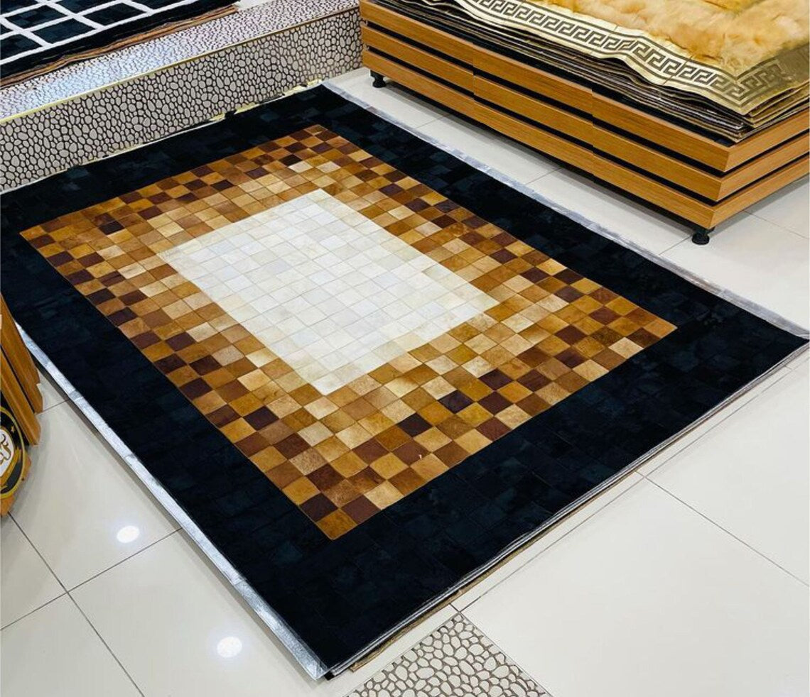 Elegant Modern Tricolor Real Cowhide Living Room Rug , Handmade Carpet