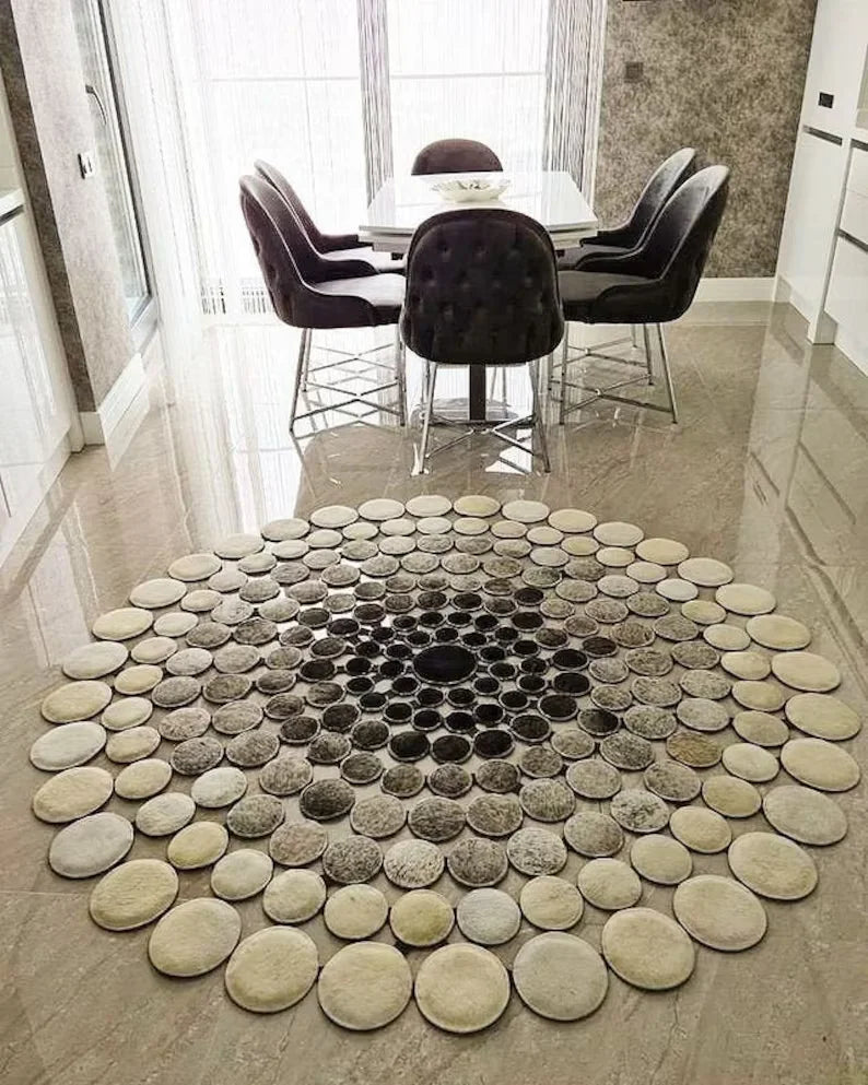 Elegant Natural Cowhide Round Rug, Circle Cow Skin Rug, Patchwork Decorative Carpet