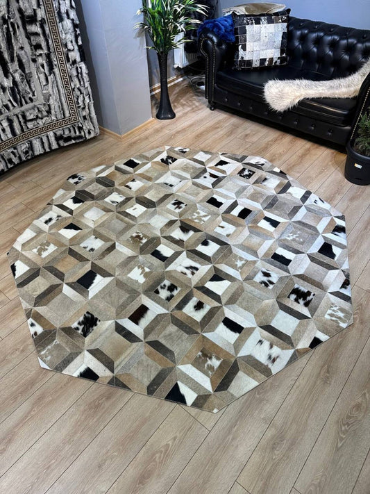Genuine Handmade Octagonal Multicolor Cowhide Patchwork Office Carpet