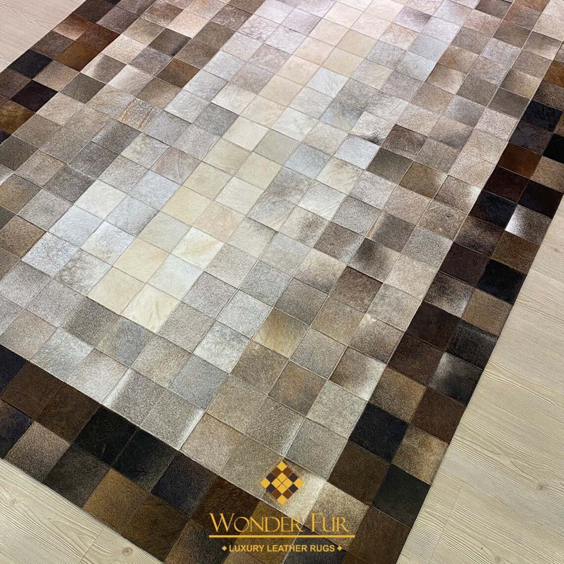 Genuine Handmade Tricolor Cowhide Leather Area Rug , Modern Home Decor